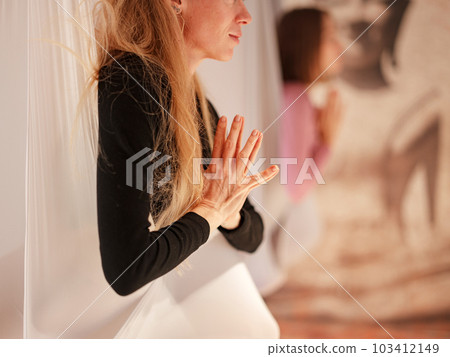 workshop of air yoga and stretching in yoga studio 103412149