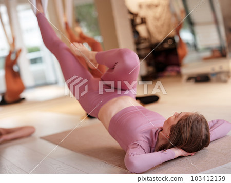 workshop of air yoga and stretching in yoga studio workshop of air yoga and stretching in yoga studio 103412159
