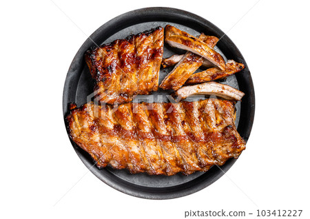 BBQ pork spare ribs St Louis with hot honey marinade in a steel tray. Isolated on white background. 103412227
