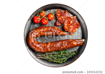 Sliced Chorizo sausage, slices of dry cured pork with herbs and spices. Isolated on white background. 103412232