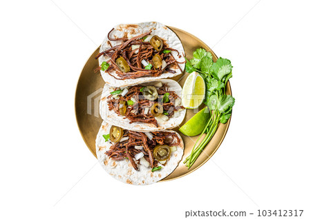 Mexican Beef Barbacoa Tacos with Cilantro and Onion. Isolated on white background. Mexican Beef Barbacoa Tacos with Cilantro and Onion. Isolated on white background. 103412317