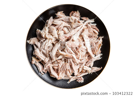 Shredded chicken meat in a plate. Isolated on white background. 103412322