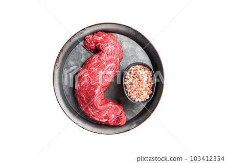 Raw uncooked Machete beef meat steak, skirt steak. Isolated on white background. Raw uncooked Machete beef meat steak, skirt steak. Isolated on white background. 103412354