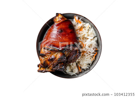 Traditional German cuisine Roasted pork knuckle Schweinshaxe with Sauerkraut. Isolated on white background. 103412355
