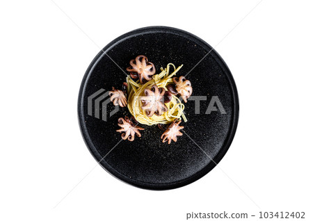 Bavette pasta with baby octopus. Isolated on white background. Bavette pasta with baby octopus. Isolated on white background. 103412402