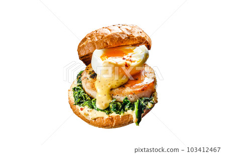 Homemade fish Burger with cod fillet, egg and spinach on a brioche bun. Isolated on white background. Homemade fish Burger with cod fillet, egg and spinach on a brioche bun. Isolated on white background. 103412467