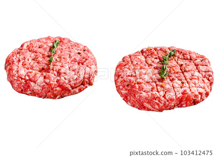The ground beef patties, minced meat cutlets. Isolated on white background. The ground beef patties, minced meat cutlets. Isolated on white background. 103412475