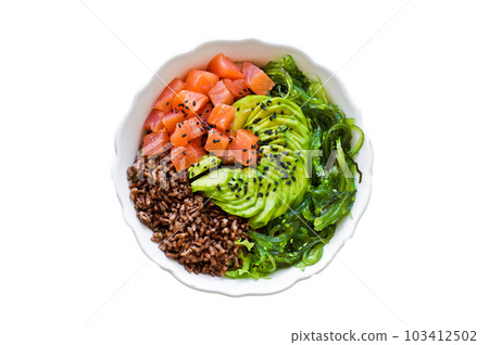 Salmon salad, avocado, brown rice, seaweed. Isolated on white background 103412502