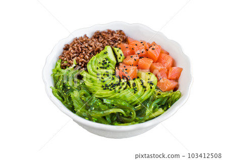 Salmon salad, avocado, brown rice, seaweed. Isolated on white background Salmon salad, avocado, brown rice, seaweed. Isolated on white background 103412508