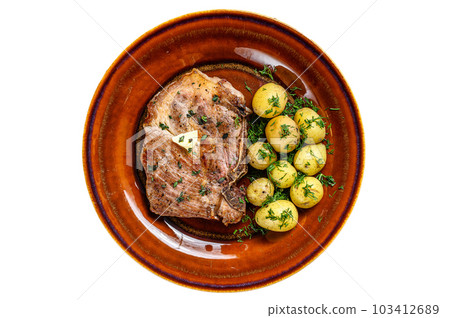BBQ pork loin meat steak with potato. Isolated on white background. 103412689