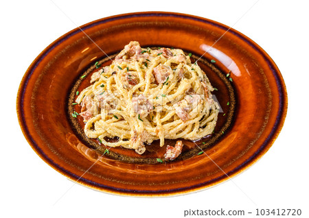 Italian Spaghetti Carbonara pasta with bacon, hard parmesan cheese and cream sauce. Isolated on white background. Italian Spaghetti Carbonara pasta with bacon, hard parmesan cheese and cream sauce. Isolated on white background. 103412720