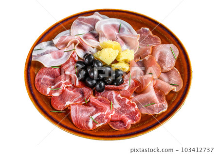 Italian meat platter with prosciutto ham, bresaola, pancetta, salami and parmesan. Isolated on white background. Italian meat platter with prosciutto ham, bresaola, pancetta, salami and parmesan. Isolated on white background. 103412737