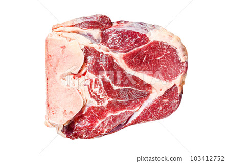 Raw fresh cross cut beef shank, leg. Isolated on white background. Raw fresh cross cut beef shank, leg. Isolated on white background. 103412752