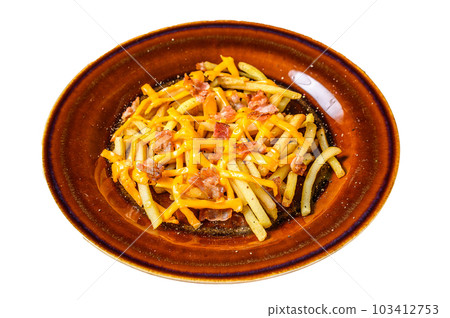 French fries with melted cheddar cheese and bacon served in a rustic plate. Isolated on white background. French fries with melted cheddar cheese and bacon served in a rustic plate. Isolated on white background. 103412753