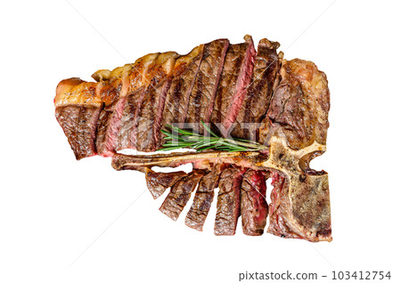 Sliced Grilled T-bone steak. Cooked tbone beef meat. Isolated on white background. 103412754
