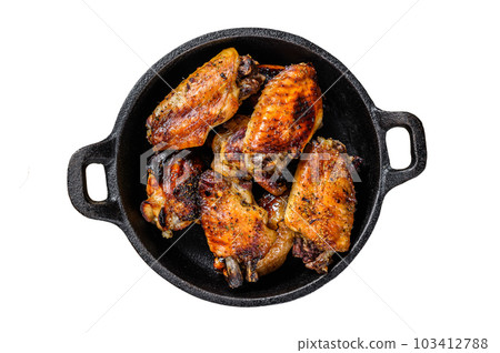Barbecue chicken wings in honey sauce. BBQ poultry meat. Isolated on white background. Barbecue chicken wings in honey sauce. BBQ poultry meat. Isolated on white background. 103412788
