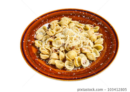 Pasta Orecchiette with pancetta, egg, hard parmesan cheese and cream sauce. Isolated on white background. 103412805