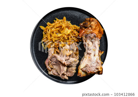 Pork leg eisbein with braised cabbage. Isolated on white background. 103412866