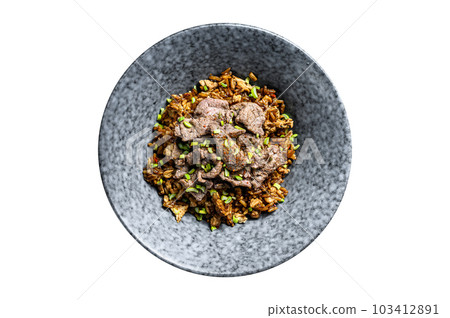 Special fried rice with beef meat and vegetables. Isolated on white background. 103412891