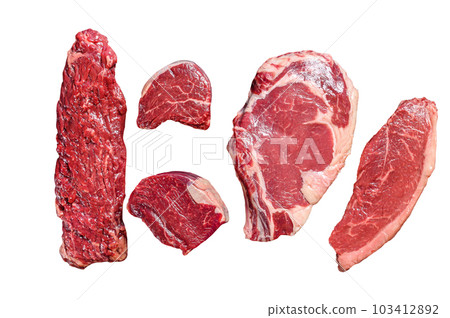 Variety of raw black angus beef meat steaks fillet Mignon, ribeye, Striploin and skirt or machete. Isolated on white background. 103412892