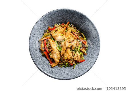 Crystal Noodles wok with pork fillet. Isolated on white background. Crystal Noodles wok with pork fillet. Isolated on white background. 103412895