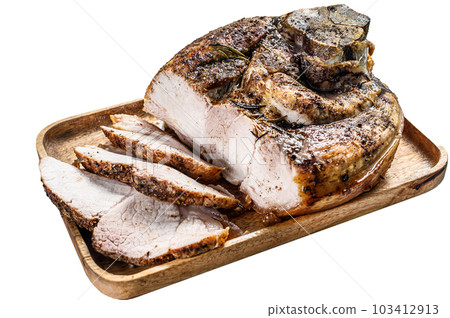 Roast sliced pork knuckle. Leg meat. Isolated on white background. 103412913