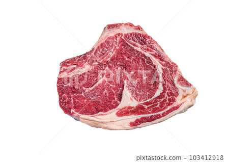 Raw cowboy steak or rib eye on the bone. Marble beef. Isolated on white background. 103412918