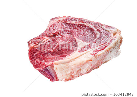 Raw cowboy steak or rib eye on the bone. Marble beef. Isolated on white background. 103412942
