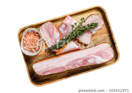 Pork belly with skin, cut slices. Isolated on white background. Pork belly with skin, cut slices. Isolated on white background. 103412971