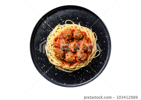 Spaghetti pasta with meatballs and tomato sauce. Italian cuisine. Isolated on white background. 103412989