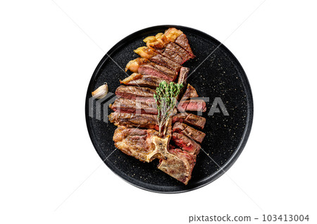 Sliced Grilled Florentine steak. T bone meat beef. Isolated on white background. Sliced Grilled Florentine steak. T bone meat beef. Isolated on white background. 103413004