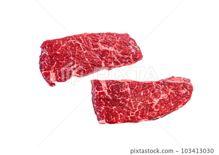 Raw Denver steak. Organic beef meat. Isolated on white background. 103413030