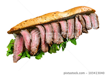 Grilled baguette steak sandwich with arugula and cheese. Isolated on white background. Grilled baguette steak sandwich with arugula and cheese. Isolated on white background. 103413040