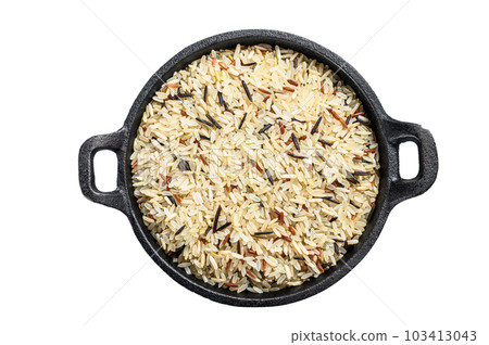 Mix rice in a cast-iron pan. Isolated on white background. 103413043