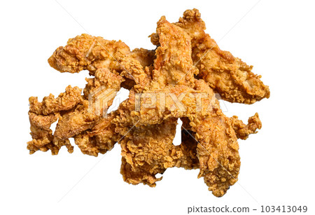 Crispy fried breaded chicken breast strips. Isolated on white background. Crispy fried breaded chicken breast strips. Isolated on white background. 103413049