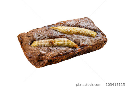 Freshly baked delicious banana bread with walnuts and chocolate. Isolated on white background 103413115
