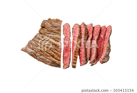 Grilled and cut Flat Iron steak. Marble beef meat. Isolated on white background. Grilled and cut Flat Iron steak. Marble beef meat. Isolated on white background. 103413154