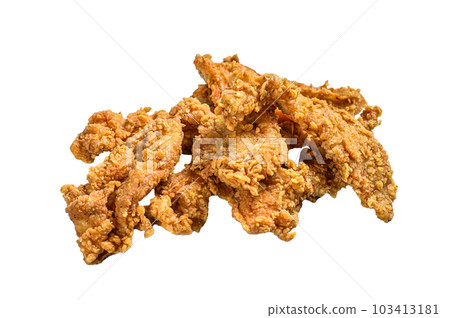Crispy fried breaded chicken breast strips. Isolated on white background. Crispy fried breaded chicken breast strips. Isolated on white background. 103413181