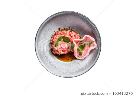 Salmon tartare with avocado and red caviar. Isolated on white background. Salmon tartare with avocado and red caviar. Isolated on white background. 103413270
