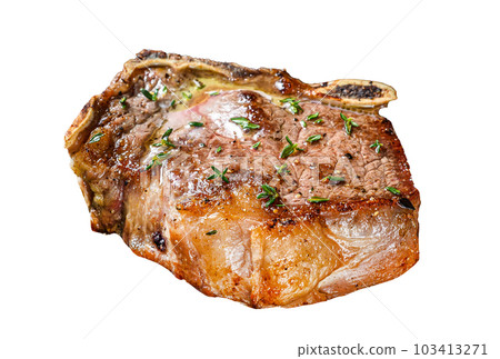 Grilled striploin steak on the bone or new york steak. Isolated on white background. 103413271