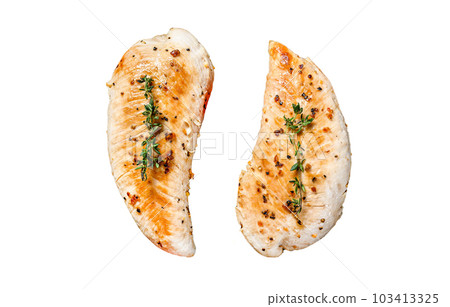 Turkey breast fillet in a frying pan. Grilled steak. Isolated on white background. 103413325