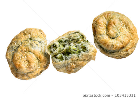 Spinach and feta cheese Twist greek Pie puff. Isolated on white background. 103413331