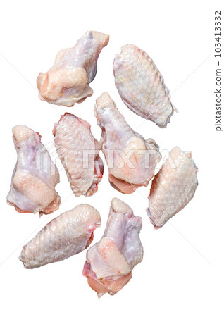 Fresh raw chicken wings with spices and herbs. Isolated on white background. Fresh raw chicken wings with spices and herbs. Isolated on white background. 103413332
