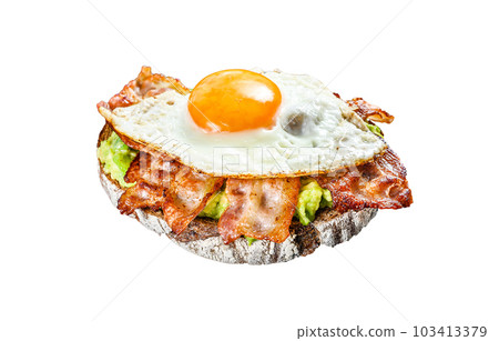 Open sandwich with avocado, fried bacon and egg. Isolated on white background. Open sandwich with avocado, fried bacon and egg. Isolated on white background. 103413379