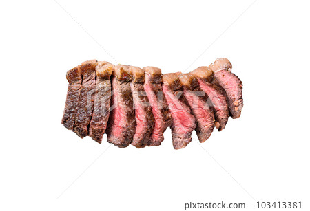 Grilled ramp cap steak on a meat cleaver. Isolated on white background. 103413381