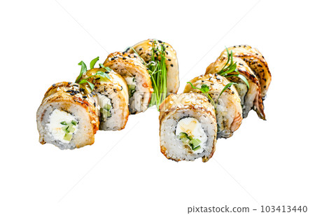 Sushi roll with smoked eel and cucumber. Isolated on white background. Sushi roll with smoked eel and cucumber. Isolated on white background. 103413440