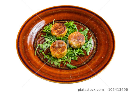 Roasted chickpeas falafel patties with arugula on a plate. Isolated on white background. Roasted chickpeas falafel patties with arugula on a plate. Isolated on white background. 103413496
