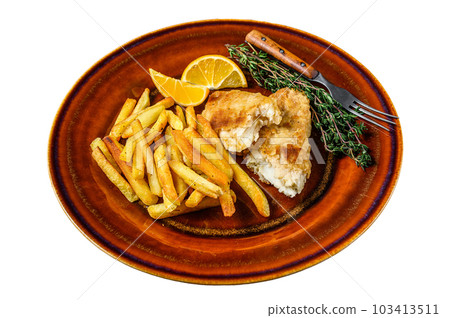 Fish and Chips british fast food with french fries and tartar sauce on a rustic plate. Isolated on white background. Fish and Chips british fast food with french fries and tartar sauce on a rustic plate. Isolated on white background. 103413511
