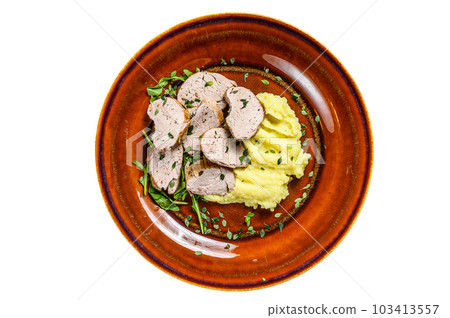 Roaast pork tenderloin meat steak on a plate with mash potato. Isolated on white background. 103413557