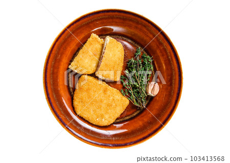 Chicken cordon bleu meat roll cutlet with ham and cheese. Isolated on white background. Chicken cordon bleu meat roll cutlet with ham and cheese. Isolated on white background. 103413568